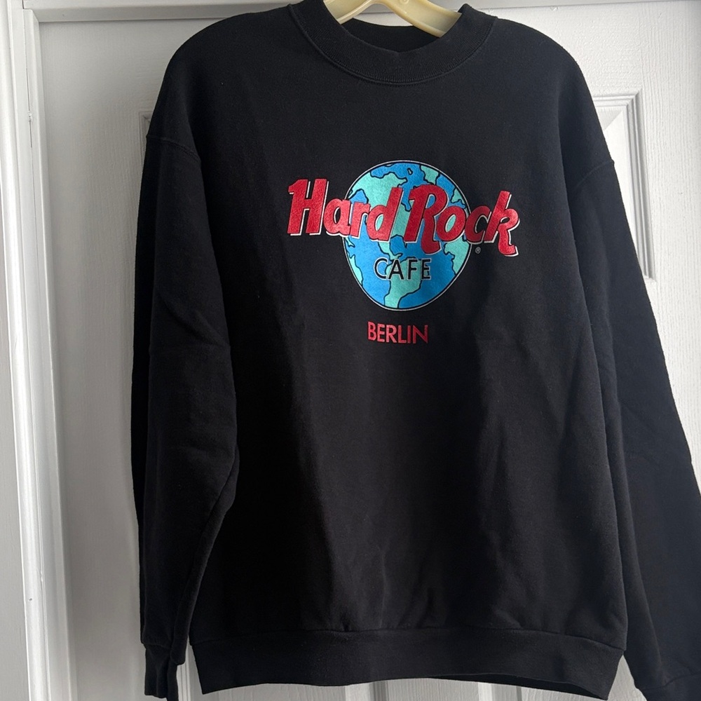 Vintage Hard Rock Cafe Black Crewneck Sweater with Red and Blue Logo